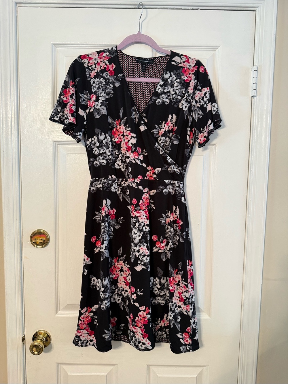 White House Black Market Black Floral Wrap Dress with Pink & White Blossoms